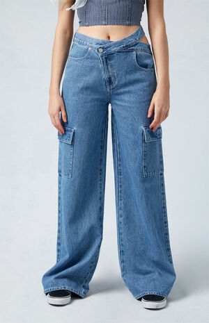Eco Medium Indigo Asymmetrical Mid-rise Baggy Cargo Jeans image number 2