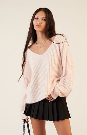 Ginger Fuzzy Knit V-Neck Sweater image number 2