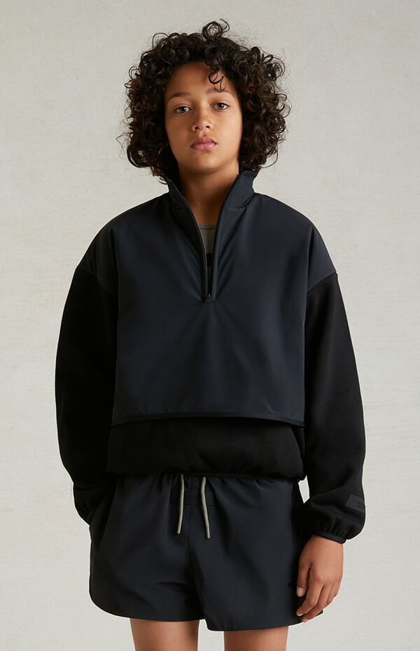 Kids Fear of God ESSENTIALS Black Nylon Fleece Mock Neck Sweatshirt