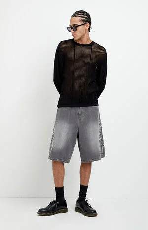 Austin Extreme Baggy Jean Shorts Cyber Applique Faded Gray image number 1