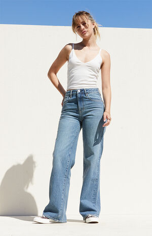 Medium Indigo High Waisted Girlfriend Jeans image number 4