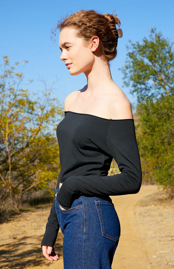John Galt Black Bonnie Off-The-Shoulder Long Sleeve Top | PacSun