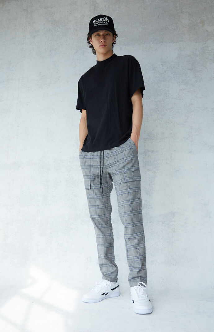 Gray Plaid Slim Cargo Pants