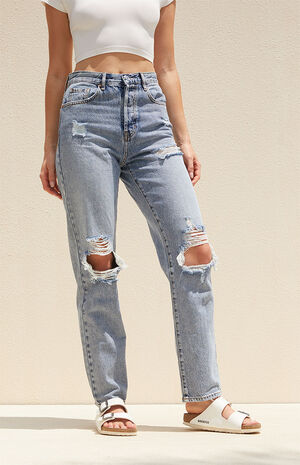 Eco Medium Blue Distressed Dad Jeans image number 2