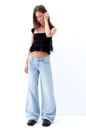 Casey Light Indigo Cherry Bow Low Rise Baggy Jeans image number 5