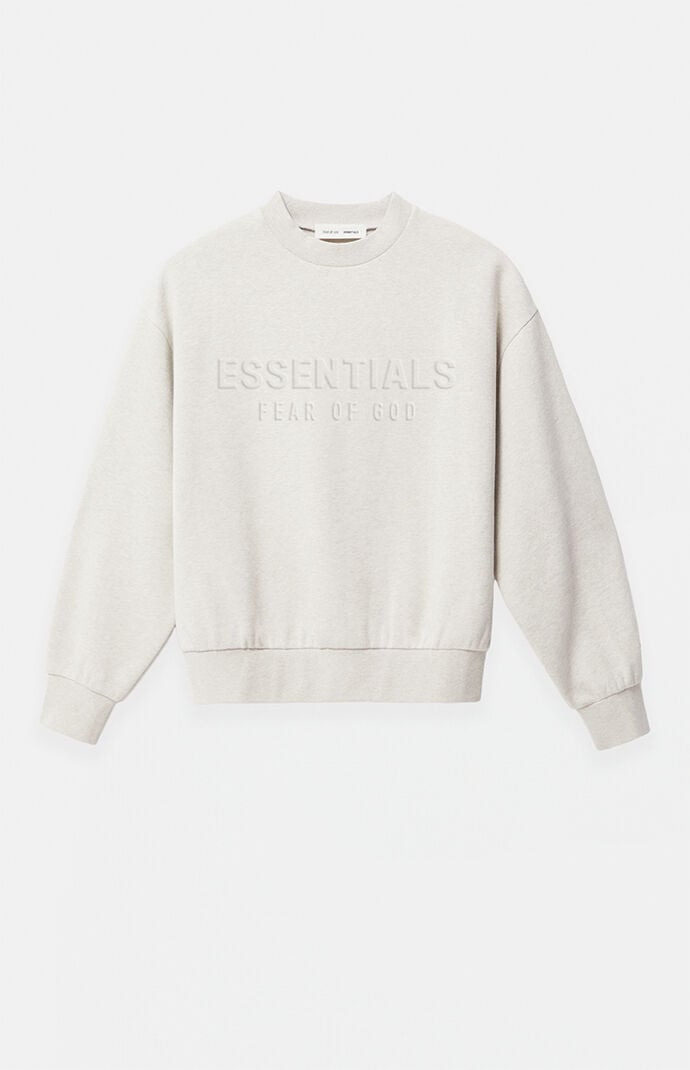 Fear of God ESSENTIALS Heather Oatmeal Embossed Classic Crew Neck Sweatshirt