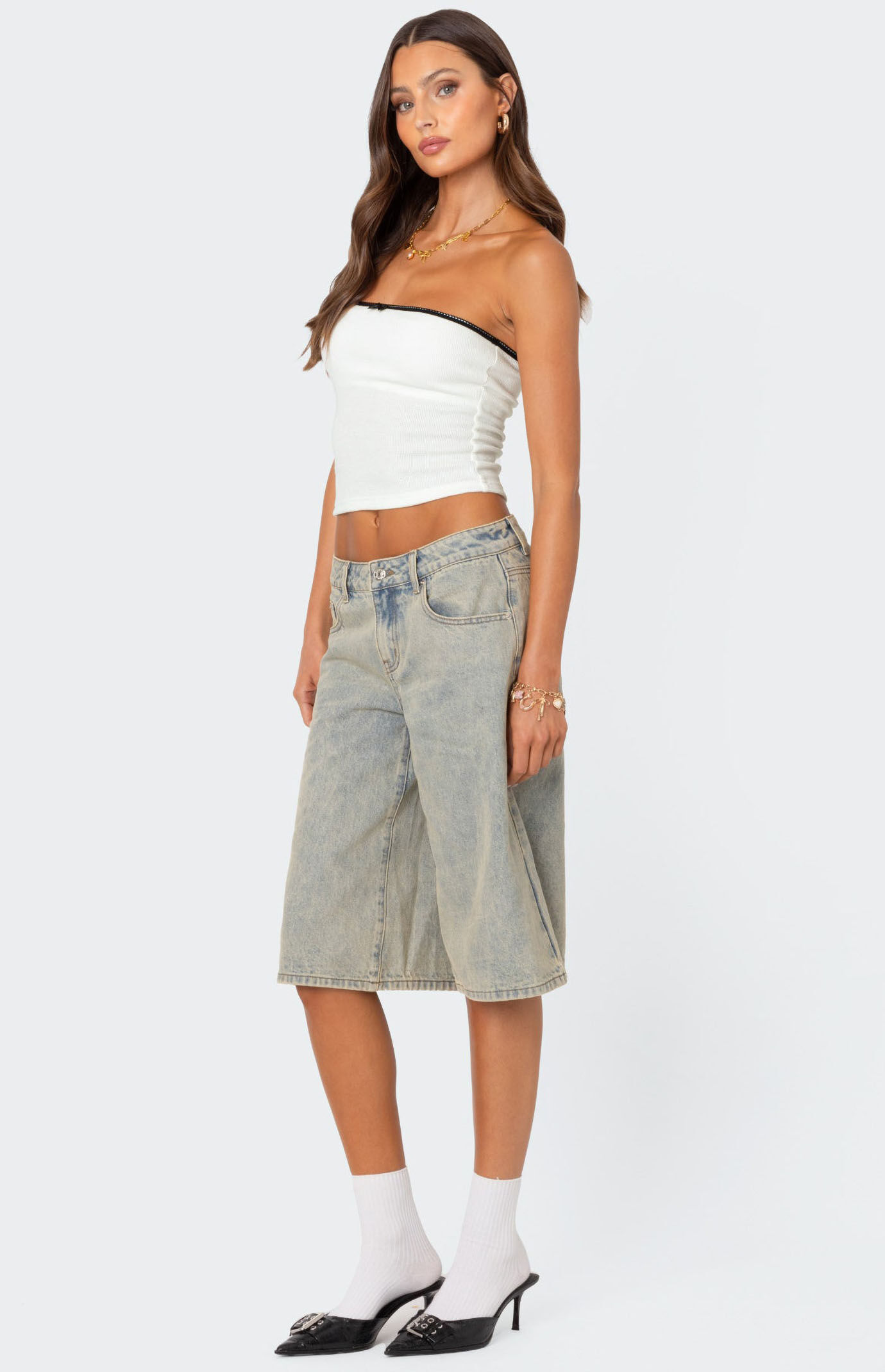 Edikted Xtra Long Acid Wash Denim Shorts