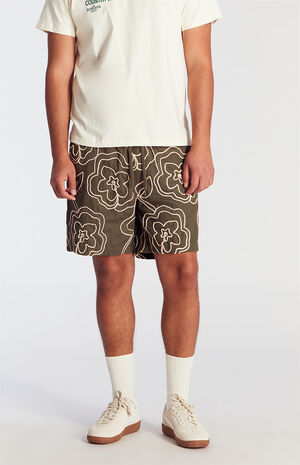 Olive Floral Embroidered Volley Shorts image number 2