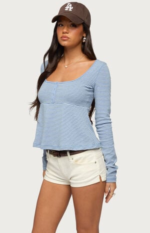 Sare Striped Babydoll Henley Top image number 2