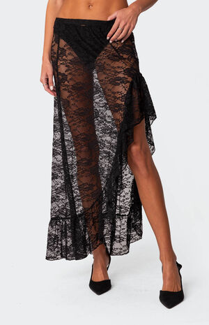 Asymmetric Ruffle Sheer Lace Maxi Skirt image number 1