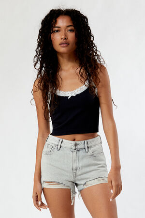 Eco Light Gray Ripped High Waisted Denim Festival Shorts image number 2