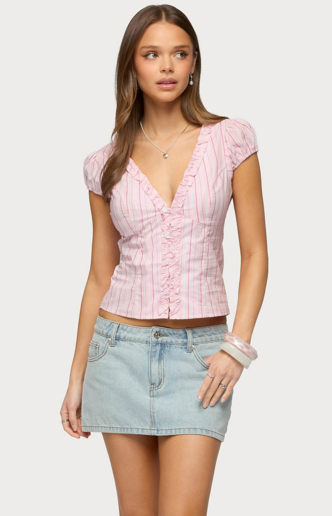 Edikted Georgia Ruffle Striped Button Up Top
