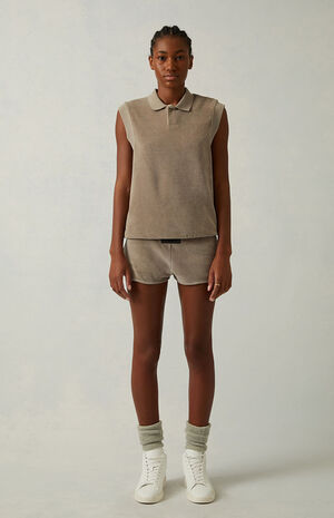 Women's Desert Taupe Velour Sleeveless Polo Sweatshirt image number 6