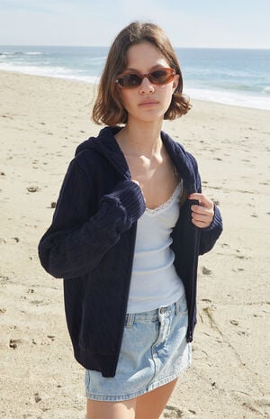 Navy Cable Knit Zip Up Hooded Sweater