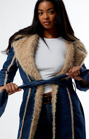 Denim Faux Fur Trim Trench Coat image number 2