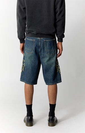 Austin Extreme Baggy Jean Shorts Cyber Applique Dark Blue image number 4