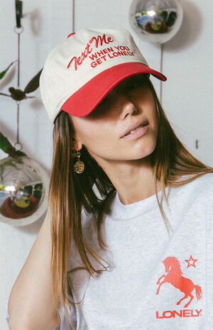 Cream & Red Text Me When You Get Lonely Snapback Hat image number 1