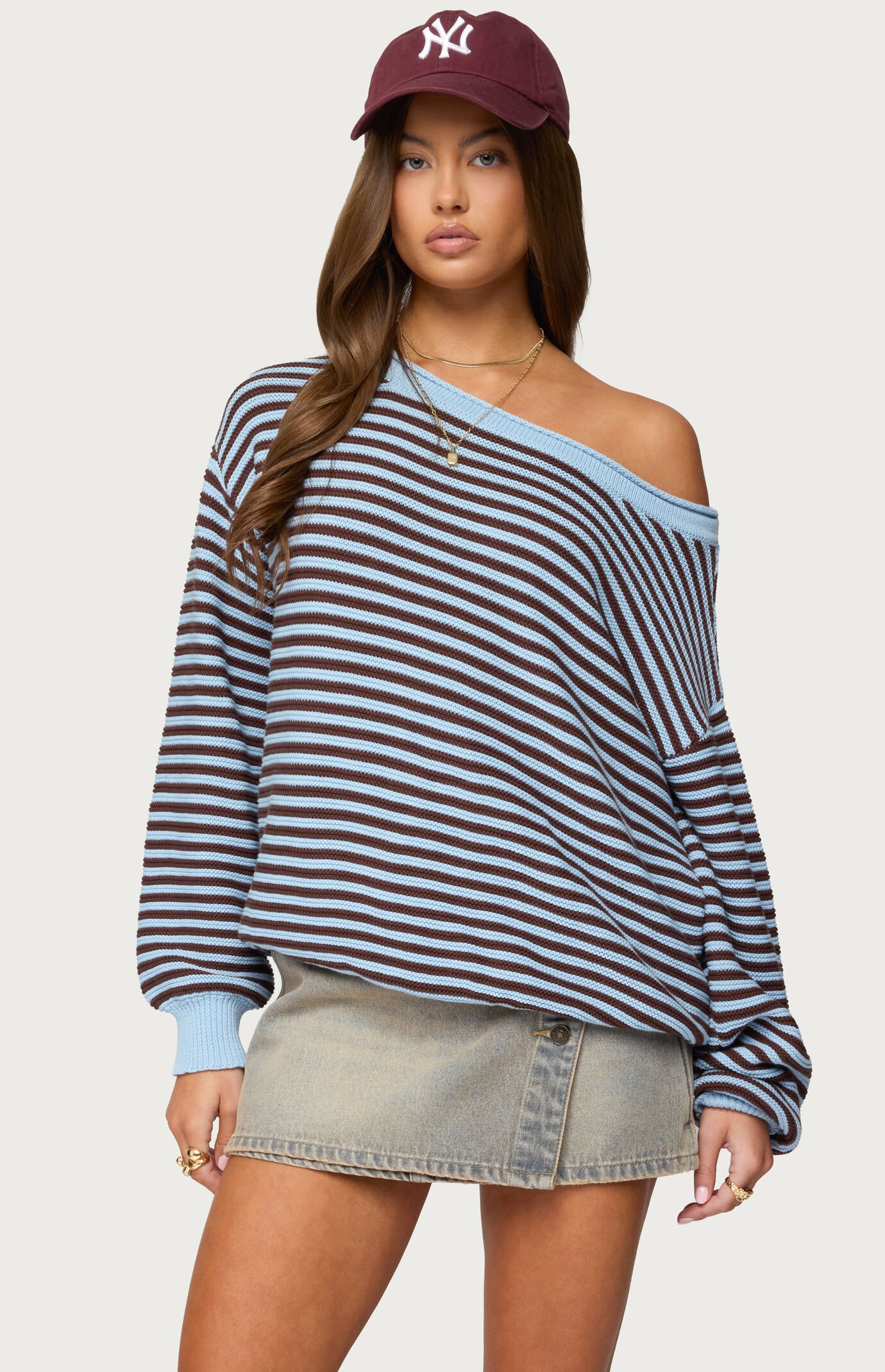 Edikted Averi Striped Oversized Off-The-Shoulder Sweater