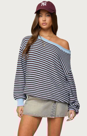 Averi Striped Oversized Off-The-Shoulder Sweater image number 1