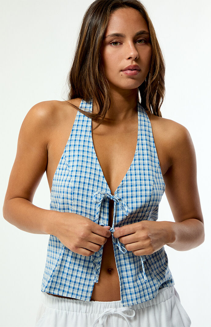 Rhythm Gingham Louise Tie Front Halter Top