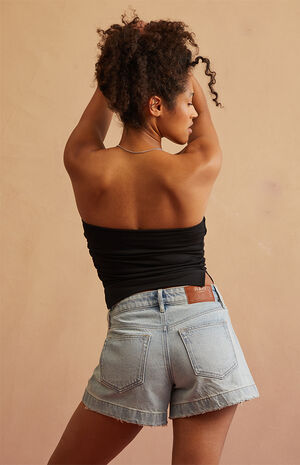 Light Blue A-Line Denim Mom Shorts image number 5