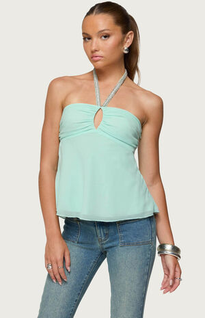 Sequin Chiffon Keyhole Halter Top image number 1