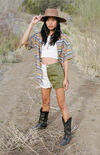 Olive Spliced Ultra High Waisted Vintage Denim Shorts Olive Spliced Ultra High Waisted Vintage Denim Shorts image number null