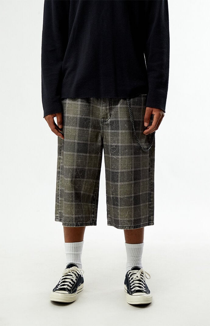 Pacsun Blaine Ultra Baggy Denim Shorts Chain Plaid Gray