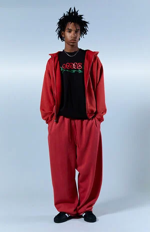 Red Washed Fleece Extreme Baggy Sweatpants image number 1