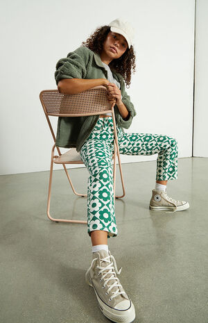 Green & White Daisy High Waisted Straight Leg Jeans image number 1