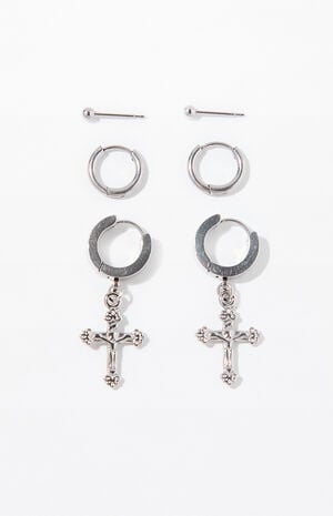 3 Pack Antique Silver Cross Earrings