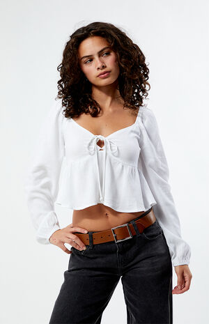 Long Sleeve Keyhole Linen Babydoll Top image number 1