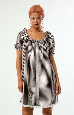 Gingham Puff Sleeve Button Up Mini Dress image number 1