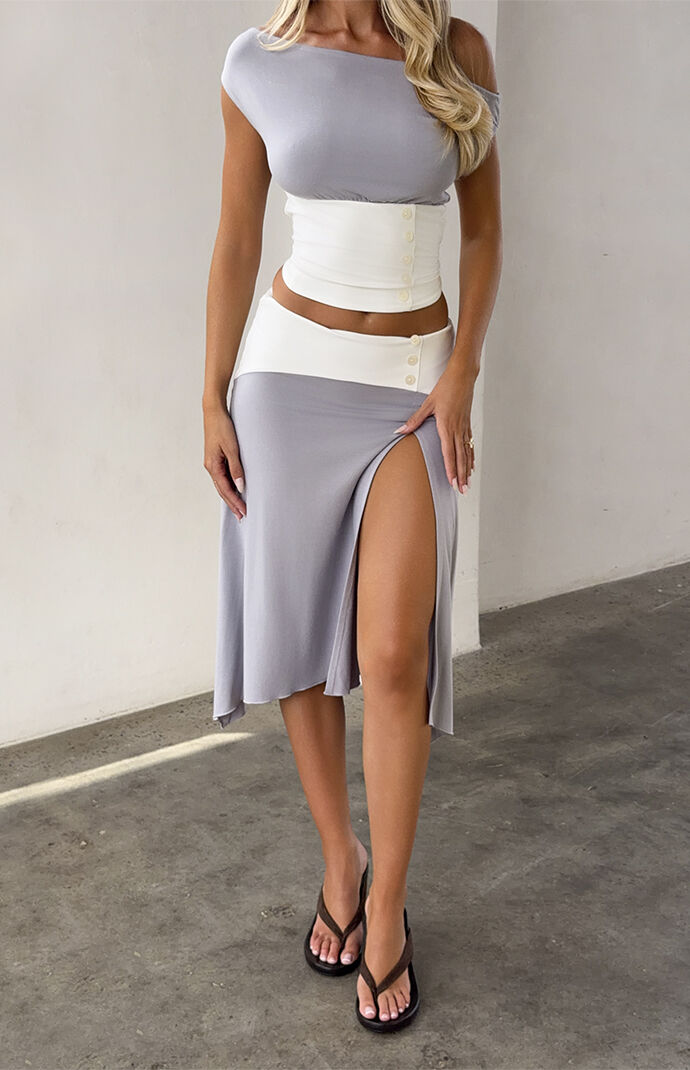 Tiger Mist Curved Yoke High Low Midi Skirt