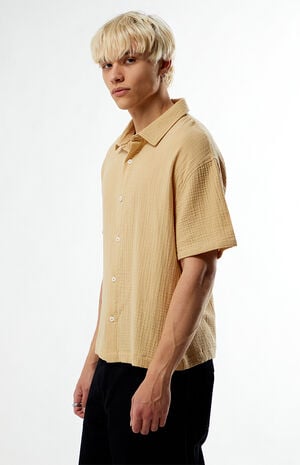Tan Cropped Boxy Gauze Camp Shirt image number 3