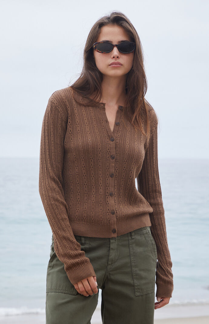 John Galt Brown Button Up Open Knit Cardigan
