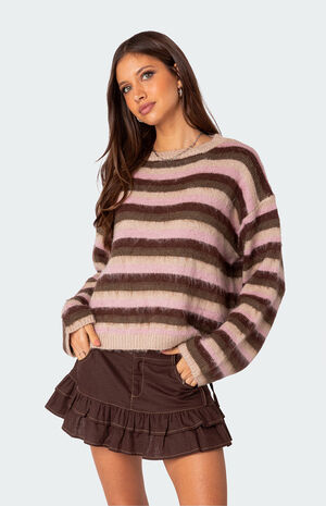 Oversized Fuzzy Striped Sweater image number 5