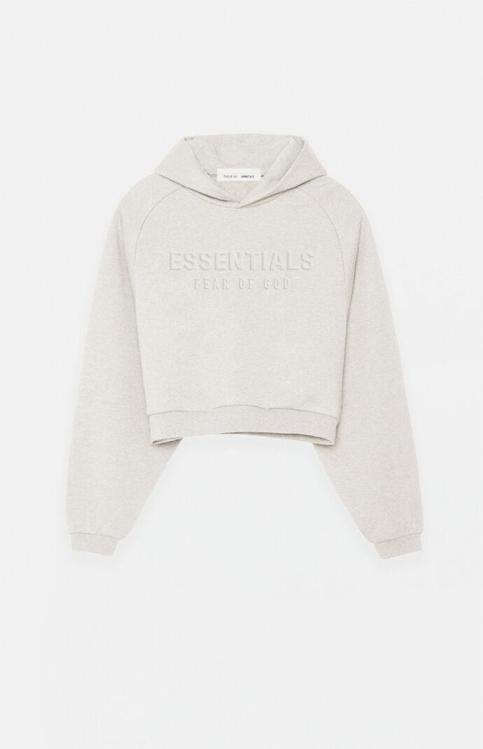 Fear of God ESSENTIALS Women's Heather Oatmeal '90s Embossed Raglan Cropped Hoodie