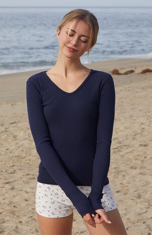 Navy Ribbed Long Sleeve Top image number 1