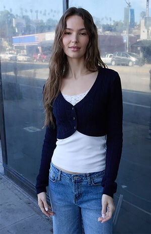 Blue Cable Knit Cropped Cardigan image number 1