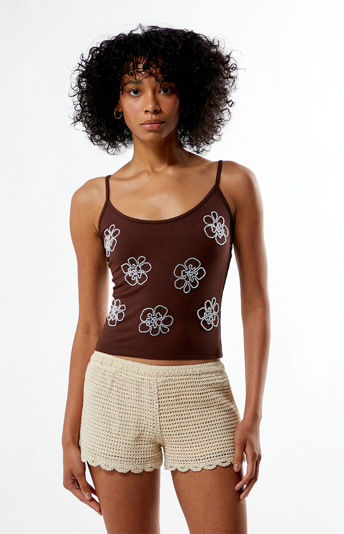 トップス Flower Beads Camisole Tunic Women Y2K Sequin Camisole Sexy Glitter Beaded Floral Print