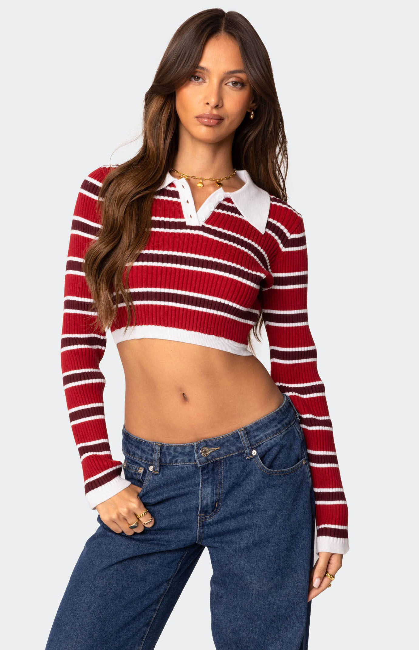 Edikted Collared Stripey Ribbed Crop Top