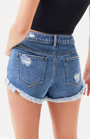 Thrashed Indigo High Waisted Denim Festival Shorts Thrashed Indigo High Waisted Denim Festival Shorts image number null