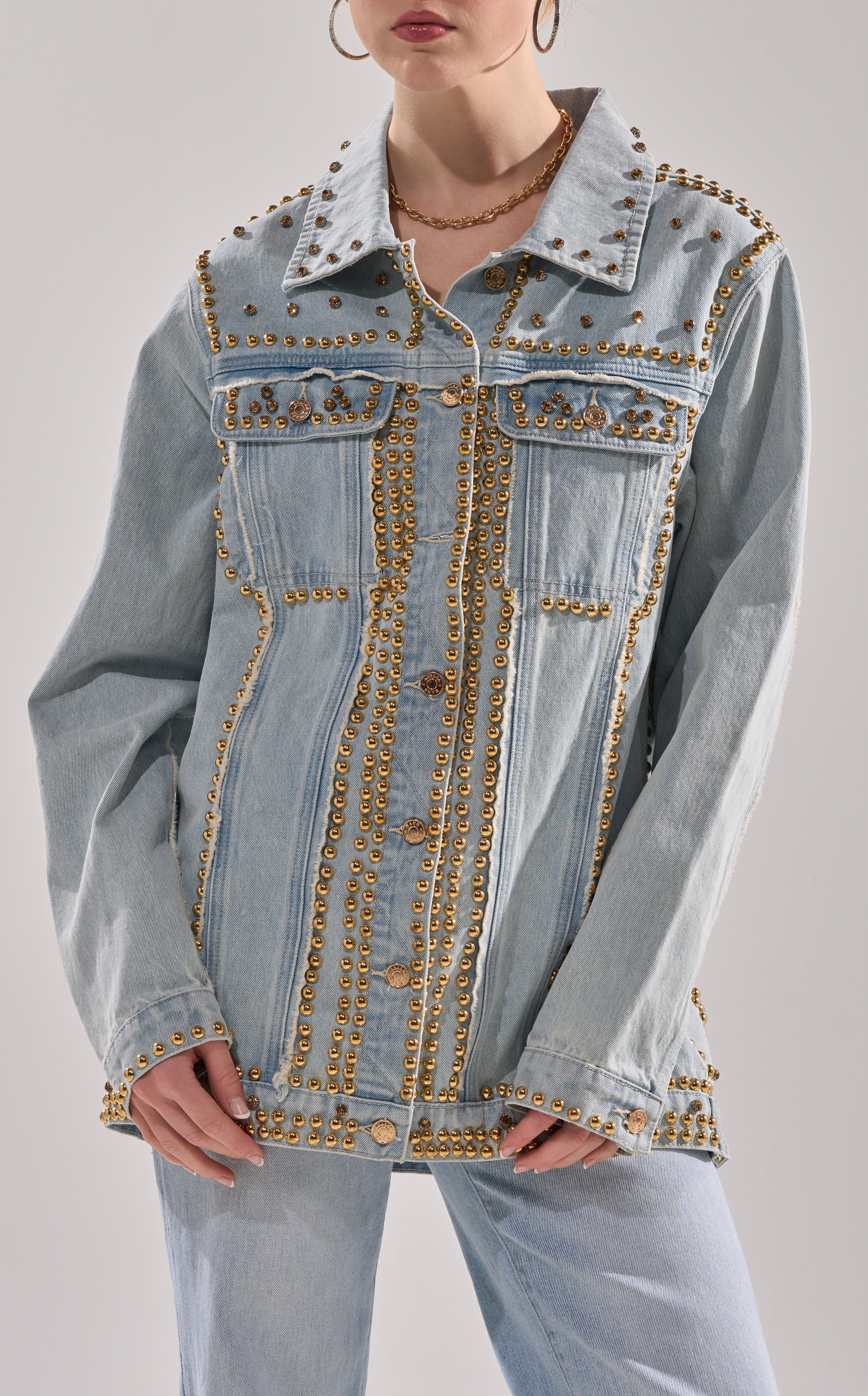 AZALEA WANG Sable Studded Longline Oversized Denim Jacket