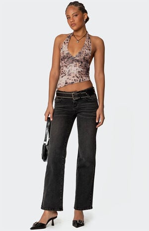 Leopard Mesh Asymmetric Halter Top image number 3