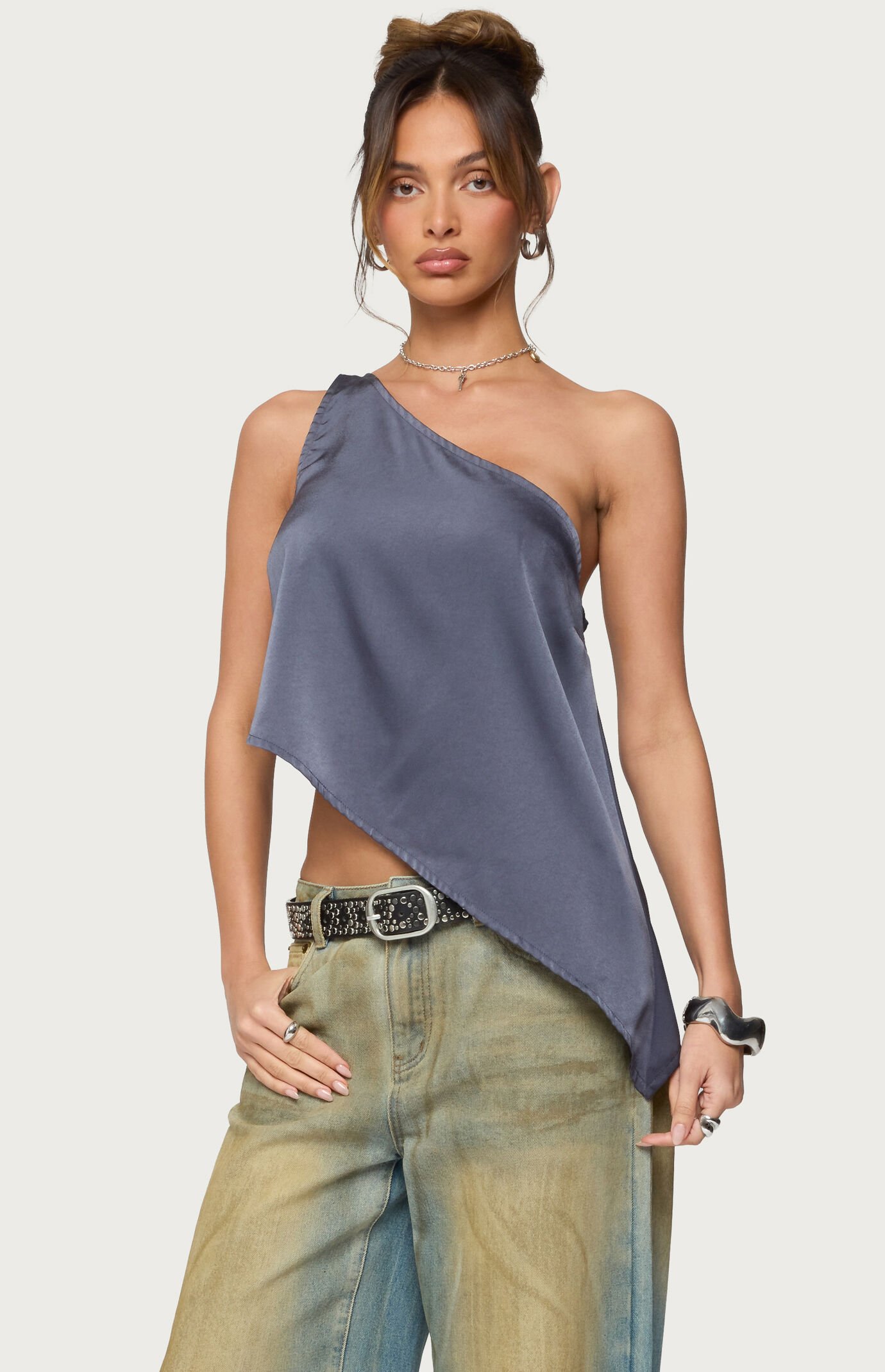 Edikted Asymmetric Satin Effect One Shoulder Top
