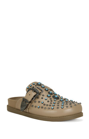 Women's Tan Flair Faux Leather Turquoise Mules image number 2