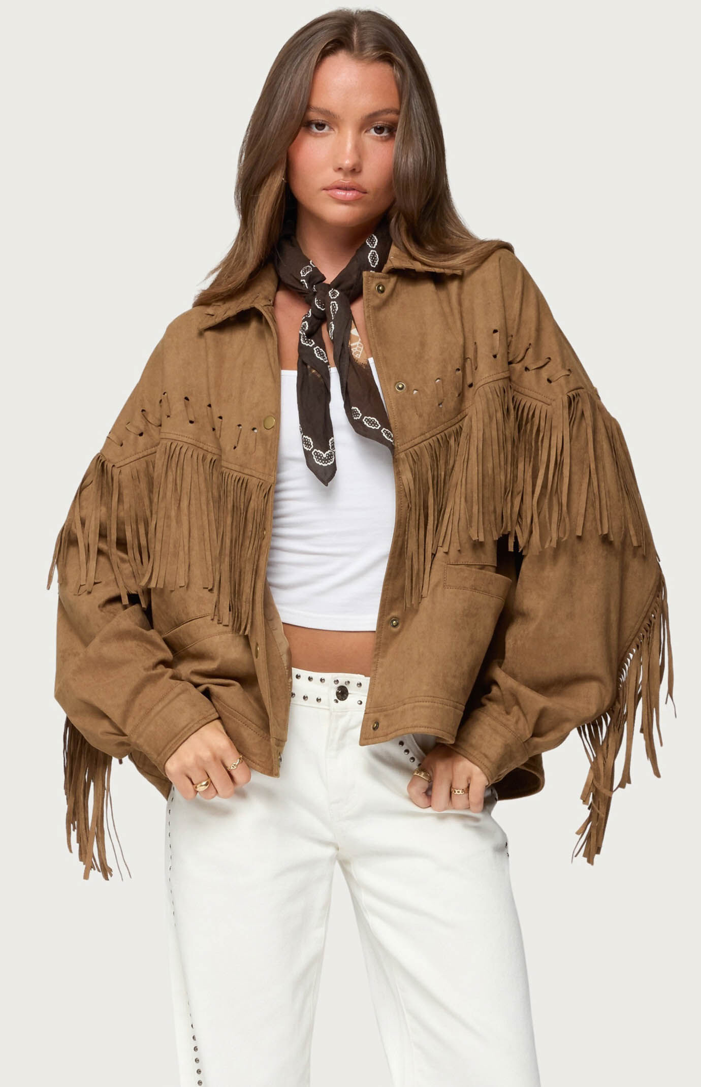 Edikted Evonka Fringe Faux Suede Jacket
