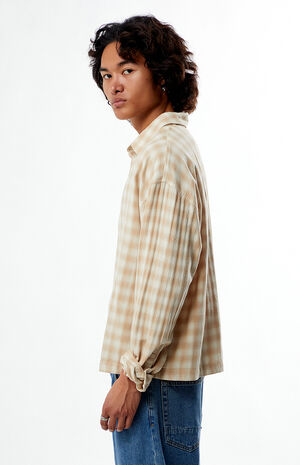 Cream Plaid Long Sleeve Button Down Shirt image number 3