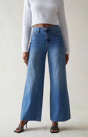 Medium Indigo Studded Wide Leg Jeans image number 1